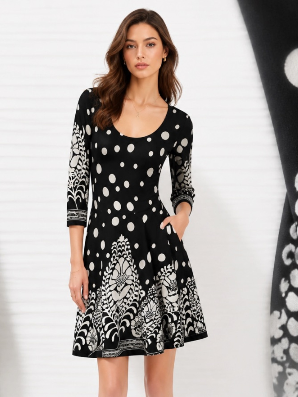 REBORN Dress Shift Black White Polka Dot Floral Sweater Knit Boho